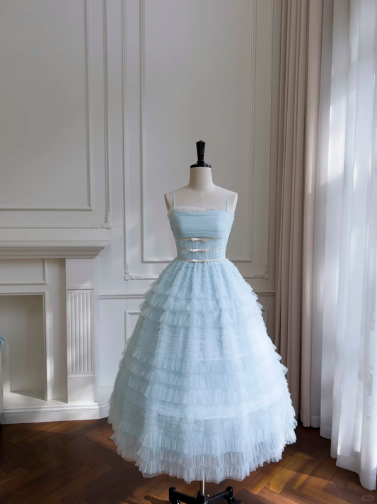 Pretty Ball Gown Spaghetti Straps Pale Blue Tulle Long Prom Dress, Party Dress, Evening Dress GG2684