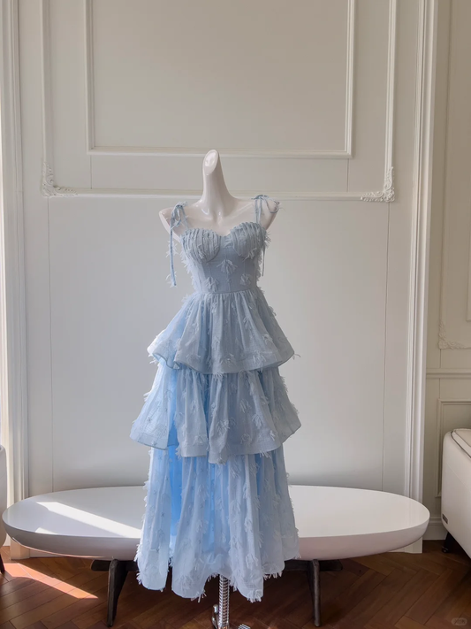 Stunning A Line Spaghetti Straps Blue Satin Tiered Long Prom Dress, Party Dress, Evening Dress GG2686