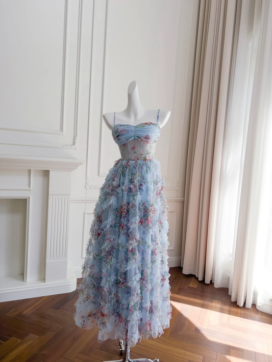 Fairy A Line Spaghetti Straps Tulle Printing Long Prom Dress, Party Dress, Evening Dress GG2688