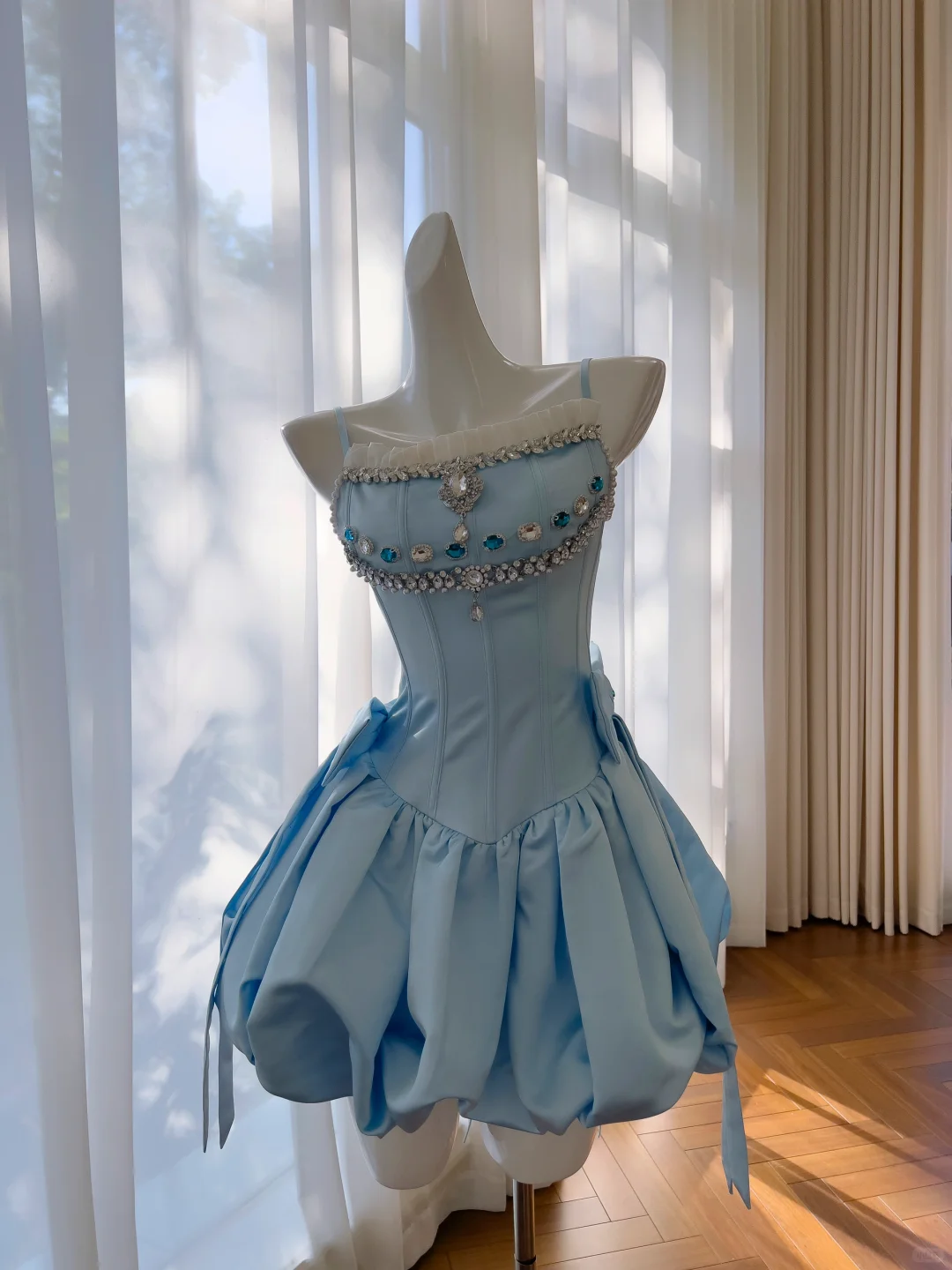 Chic A Line Spaghetti Straps Blue Satin Beaded Short Prom Dress,Homecoming Dress,Birthday Dress GG2689