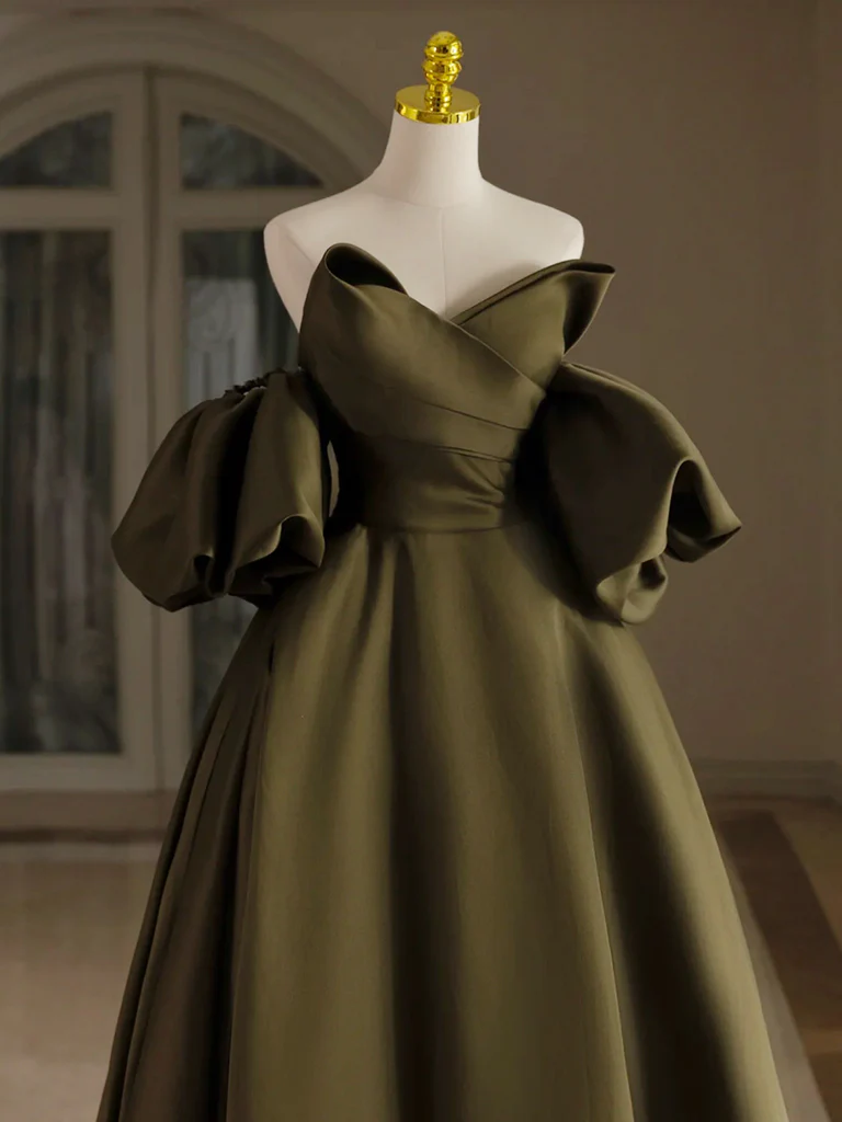 Simple A Line Off The Shoulder Puff Sleeves Olive Green Satin Long Prom Gresses,Evening Dresses  GG268
