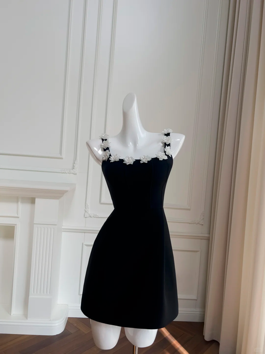 Cute A Line Square Black Satin Applique Short Prom Dress,Homecoming Dress,Birthday Dress GG2693