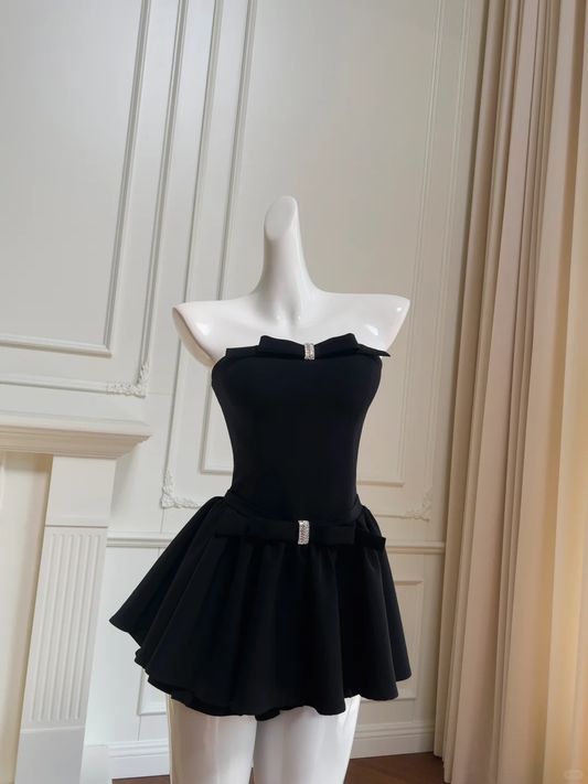Lovely A Line Strapless Black Satin Short Prom Dress,Homecoming Dress,Birthday Dress GG2694