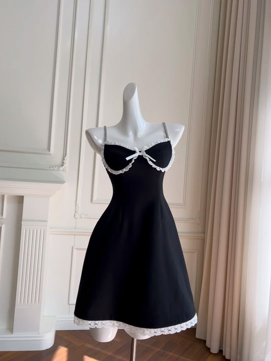 Elegant A Line Spaghetti Straps Black Satin Short Prom Dress,Homecoming Dress,Birthday Dress GG2696