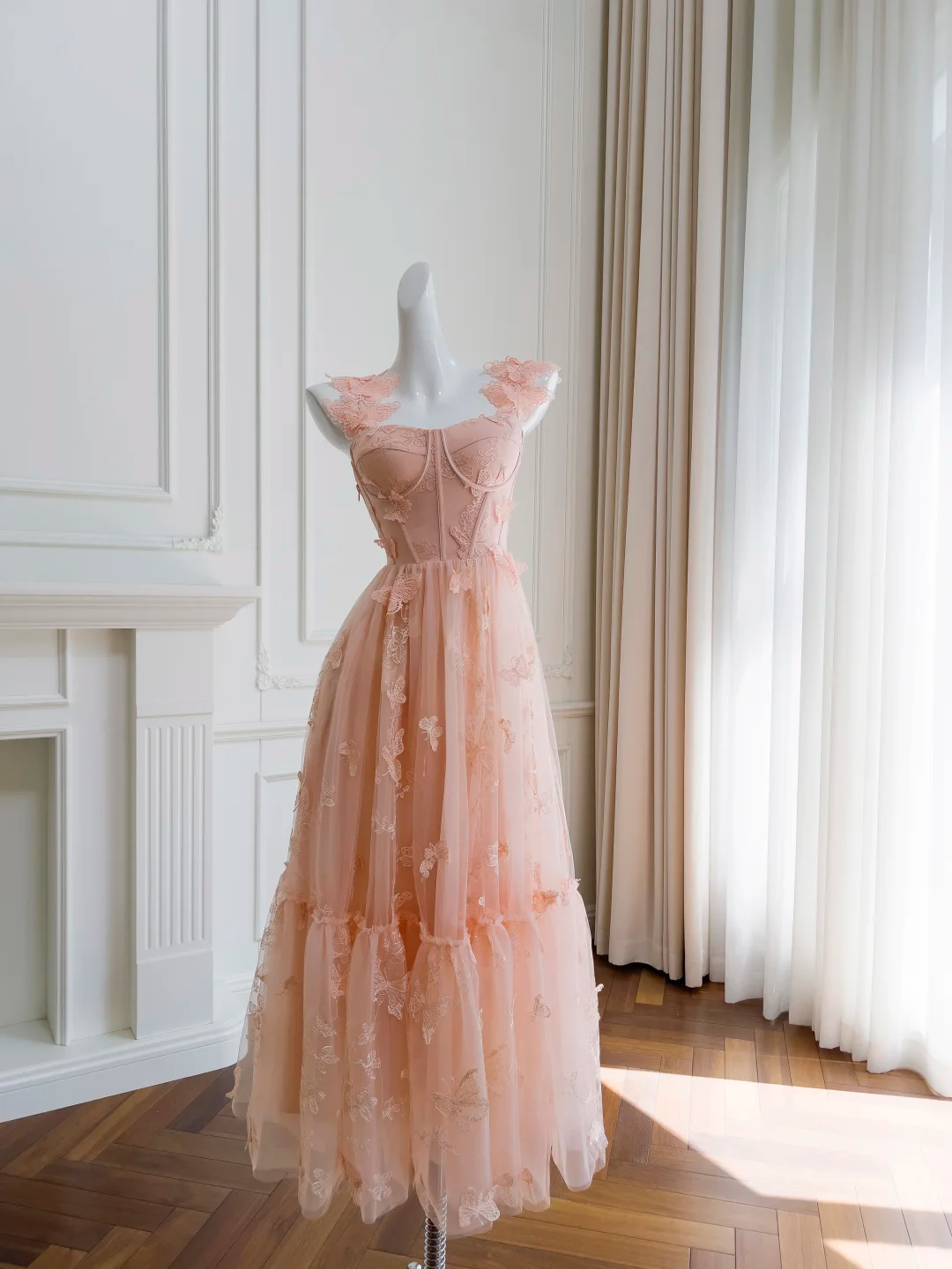 Fairy A Line Spaghetti Straps Satin Tulle Applique Long Prom Dress, Party Dress, Evening Dress GG2701