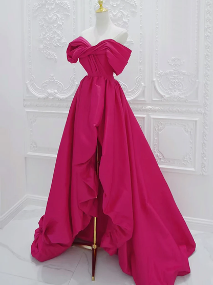 Simple A Line Off The Shoulder High Low Satin Rose Red Long Prom Dress, Evening Dress GG270