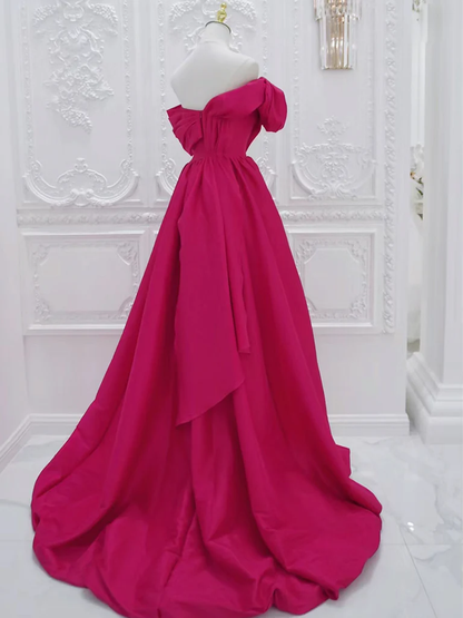 Simple A Line Off The Shoulder High Low Satin Rose Red Long Prom Dress, Evening Dress GG270