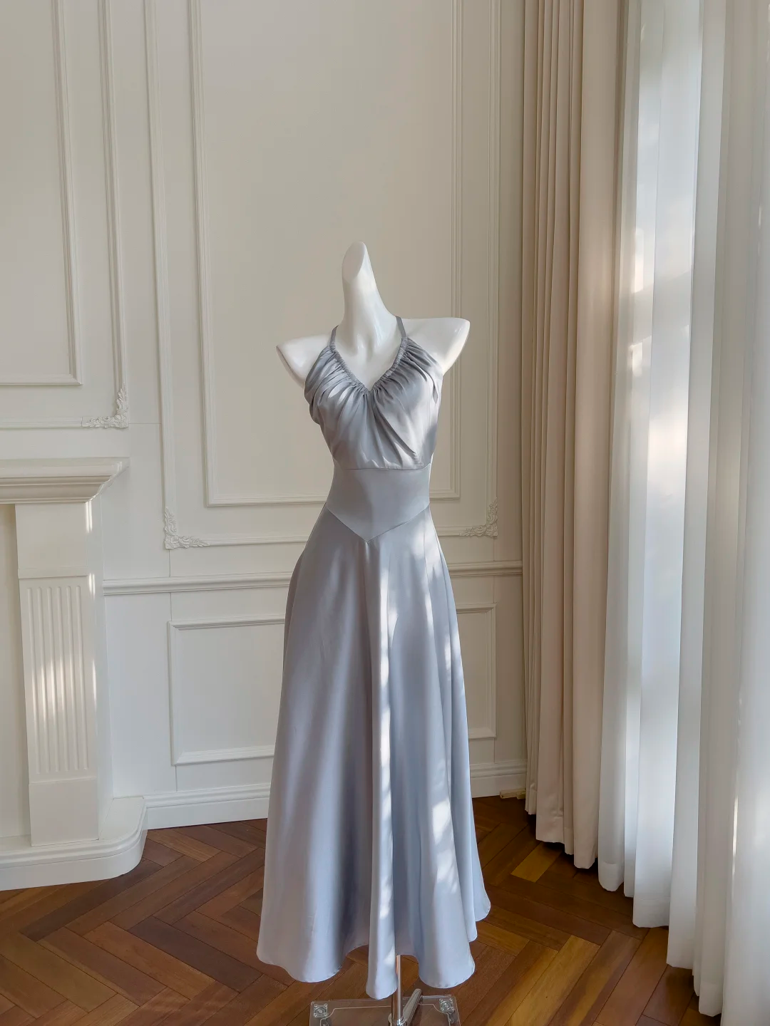 Elegant A Line Halter Gray Satin Long Prom Dress, Party Dress, Evening Dress GG2715