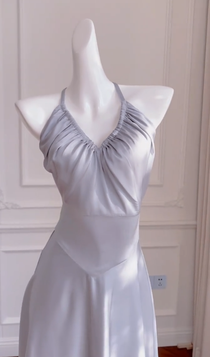 Elegant A Line Halter Gray Satin Long Prom Dress, Party Dress, Evening Dress GG2715