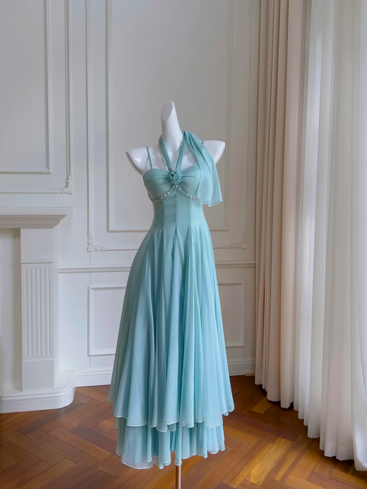 Classy A Line Spaghetti Straps Light Blue Chiffon Long Prom Dress, Party Dress, Evening Dress GG2717