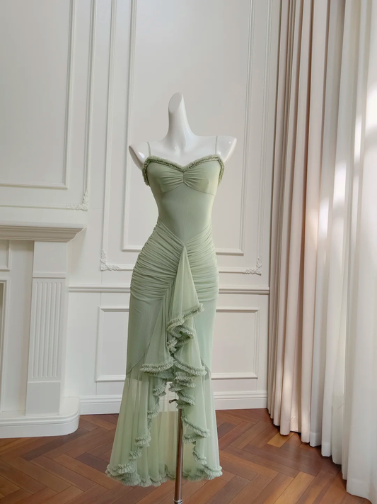 Chic Mermaid Spaghetti Straps Satin Tulle Long Prom Dress, Party Dress, Evening Dress GG2719