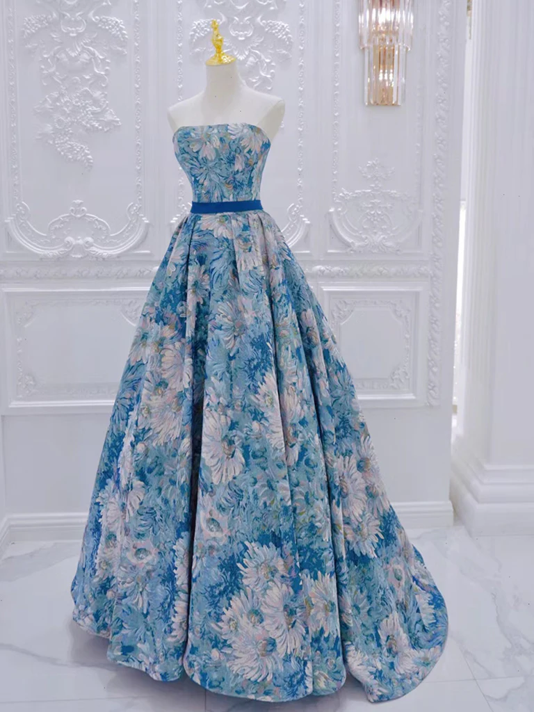 Chic A Line Strapless Blue Satin With Belt Print Floral Long Prom Dress, Evening Dress GG271
