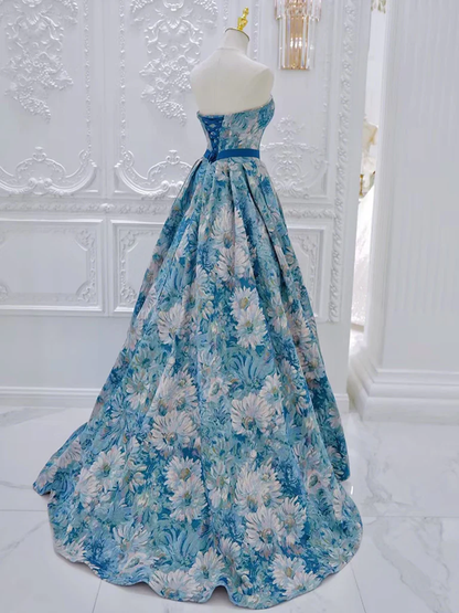 Chic A Line Strapless Blue Satin With Belt Print Floral Long Prom Dress, Evening Dress GG271