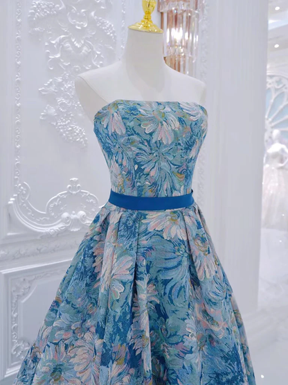 Chic A Line Strapless Blue Satin With Belt Print Floral Long Prom Dress, Evening Dress GG271