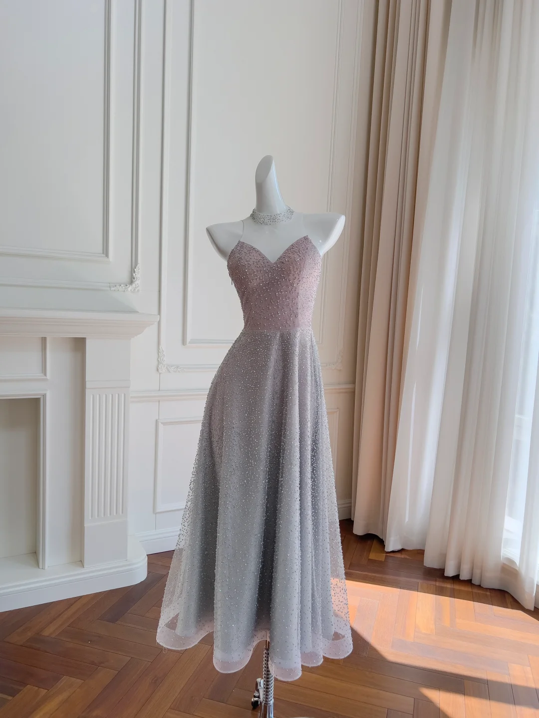 Gradient A Line Strapless Satin Tulle Beaded Long Prom Dress, Party Dress, Evening Dress GG2723