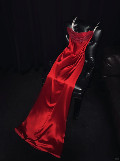 Special A Line Spaghetti Straps Red Satin Baded Long Prom Dress, Party Dress, Evening Dress GG2724
