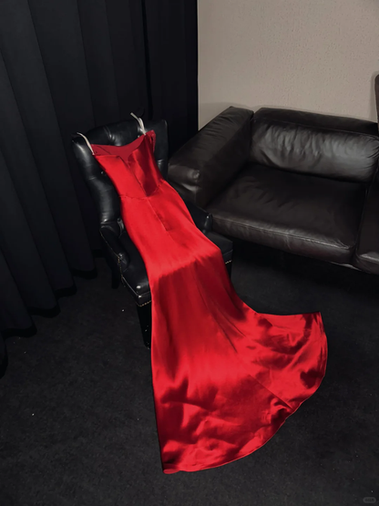 Special A Line Spaghetti Straps Red Satin Baded Long Prom Dress, Party Dress, Evening Dress GG2724