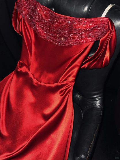 Special A Line Spaghetti Straps Red Satin Baded Long Prom Dress, Party Dress, Evening Dress GG2724