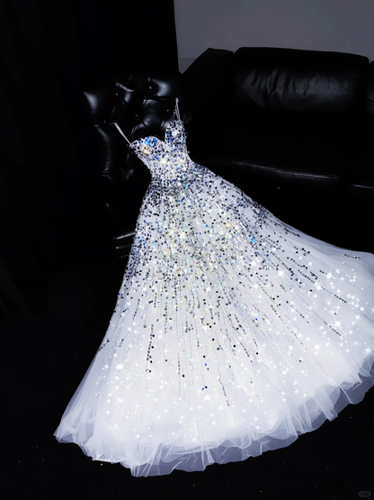 Classy A Line Spaghetti Straps White Tulle Sequin Long Prom Dress, Party Dress, Evening Dress GG2725