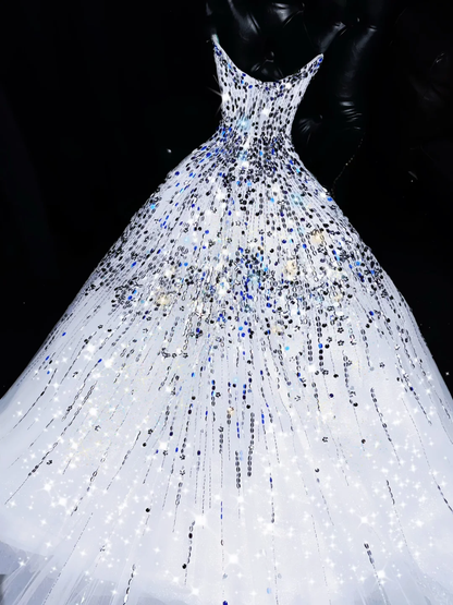 Classy A Line Spaghetti Straps White Tulle Sequin Long Prom Dress, Party Dress, Evening Dress GG2725