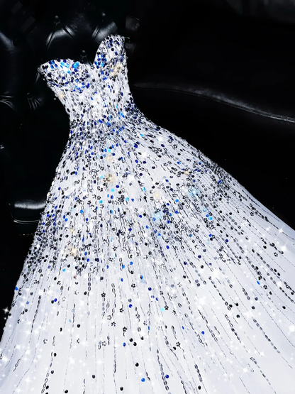 Classy A Line Spaghetti Straps White Tulle Sequin Long Prom Dress, Party Dress, Evening Dress GG2725