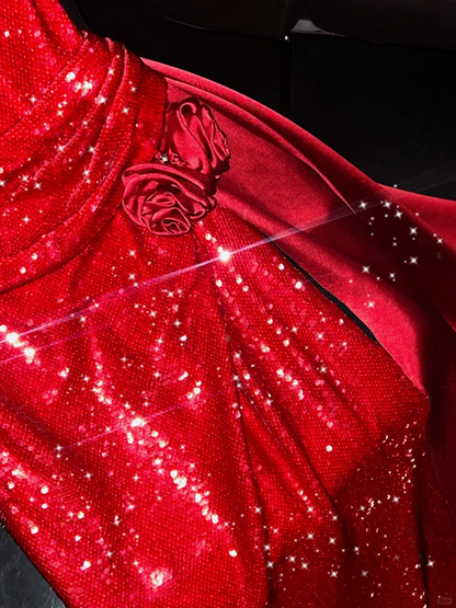 Sexy A Line Halter V Neck Red Satin Sequin Long Prom Dress, Party Dress, Evening Dress GG2726