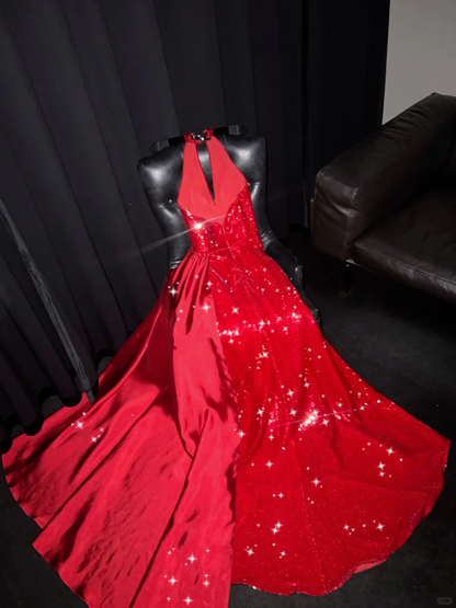 Sexy A Line Halter V Neck Red Satin Sequin Long Prom Dress, Party Dress, Evening Dress GG2726