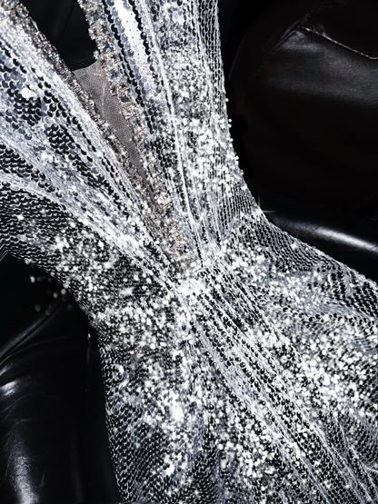 Sparkly Mermaid Halter V Neck Silver Sequin Long Prom Dress, Party Dress, Evening Dress GG2727