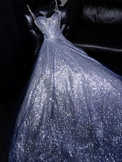 Pretty A Line Spaghetti Straps Satin Sequin Beaded Long Prom Dress, Party Dress, Evening Dress GG2728