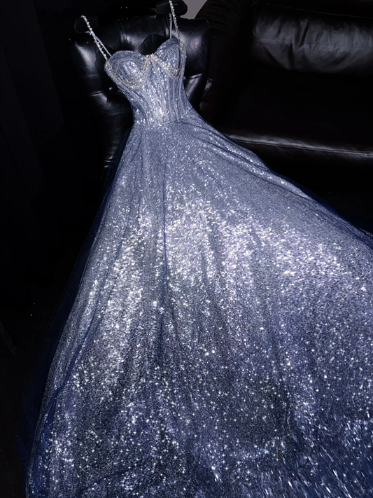 Pretty A Line Spaghetti Straps Satin Sequin Beaded Long Prom Dress, Party Dress, Evening Dress GG2728