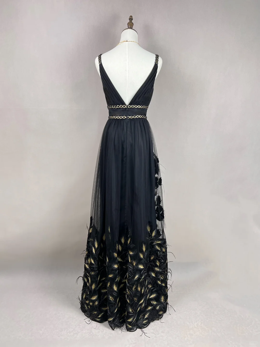 Classy A Line Spaghetti Straps Black Satin Tulle Feather Long Prom Dress, Party Dress, Evening Dress GG2729