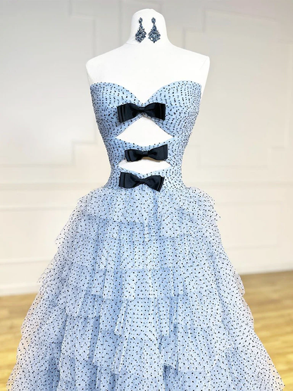 Chic A Line Sweetheart Neck Polka Dots Tulle Blue Long Prom Dress, Evening Dress GG272