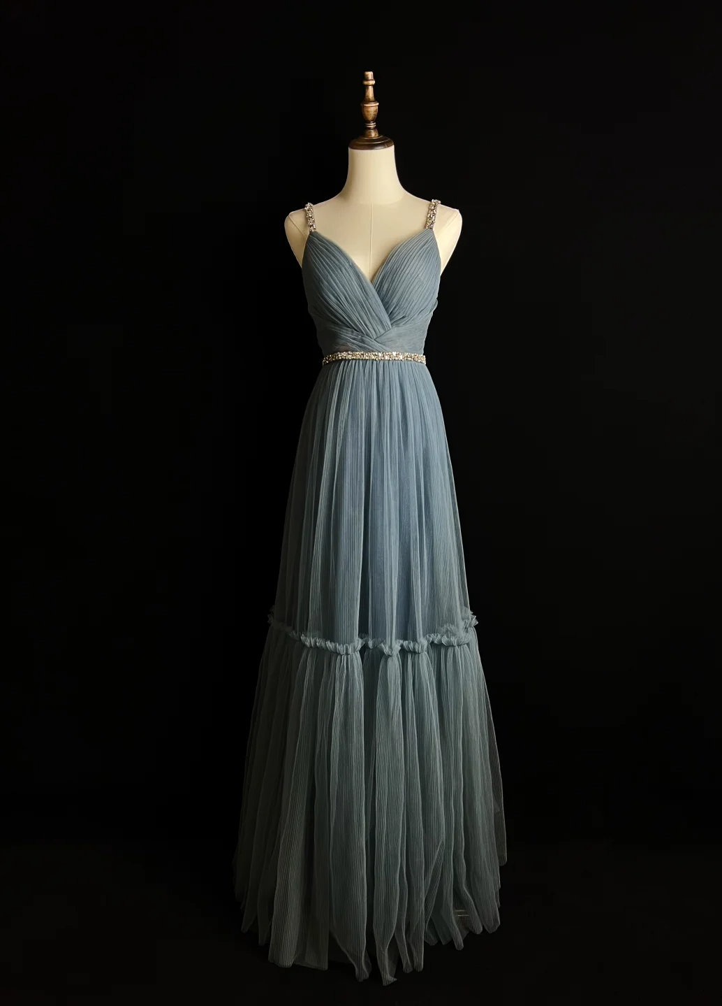 Elegant A Line Spaghetti Straps Gray Blue Tulle Long Prom Dress, Party Dress, Evening Dress GG2730