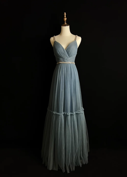 Elegant A Line Spaghetti Straps Gray Blue Tulle Long Prom Dress, Party Dress, Evening Dress GG2730