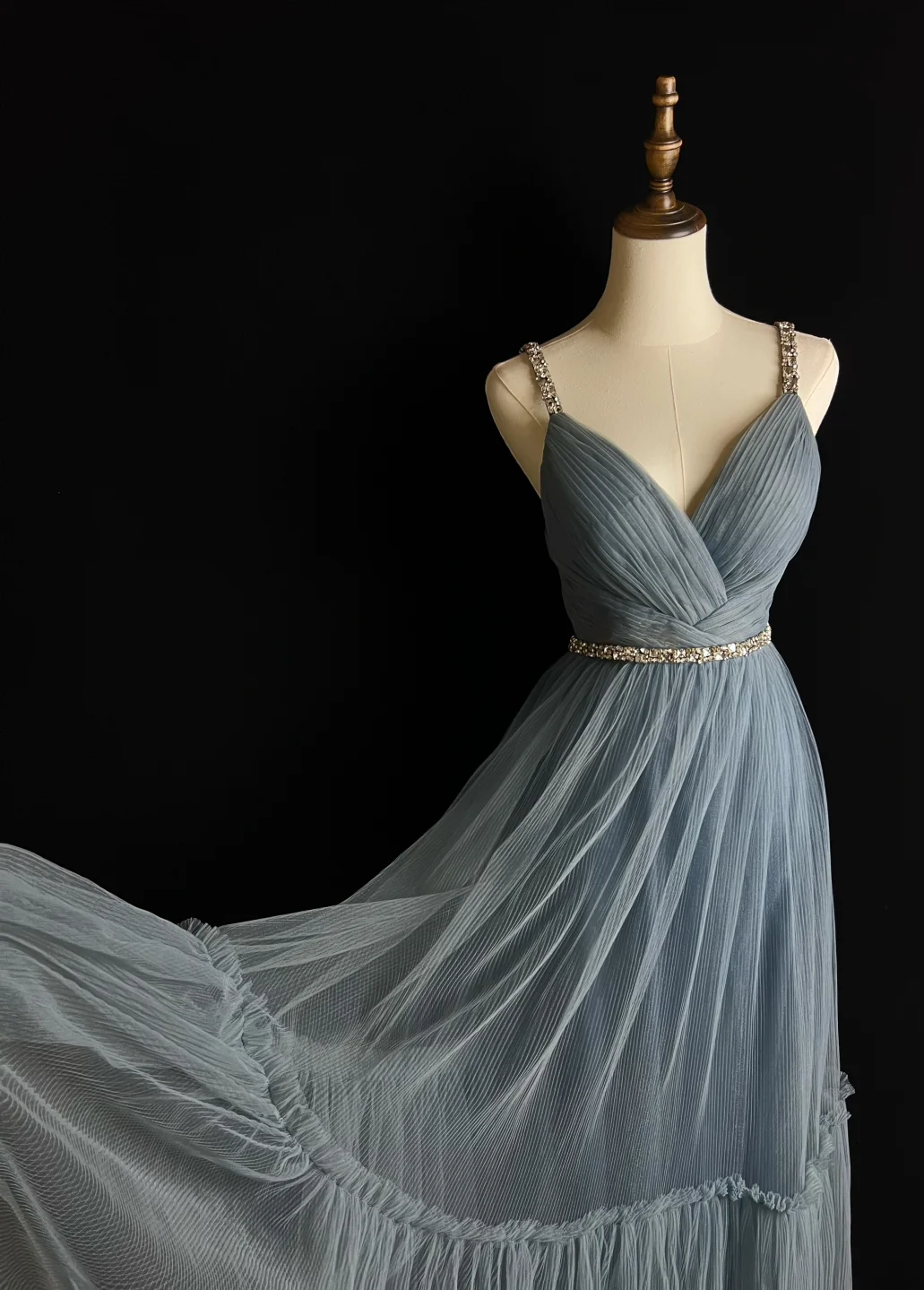 Elegant A Line Spaghetti Straps Gray Blue Tulle Long Prom Dress, Party Dress, Evening Dress GG2730
