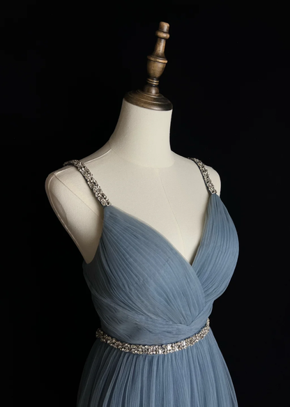 Elegant A Line Spaghetti Straps Gray Blue Tulle Long Prom Dress, Party Dress, Evening Dress GG2730