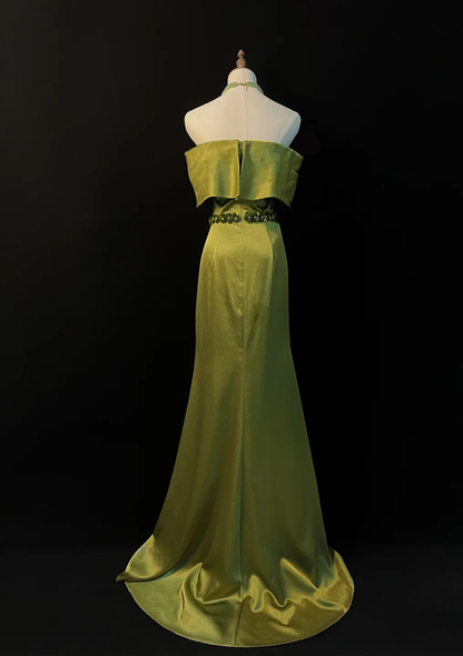 Elegant A Line Strapless Satin Pleated Applique Long Prom Dress, Party Dress, Evening Dress GG2731