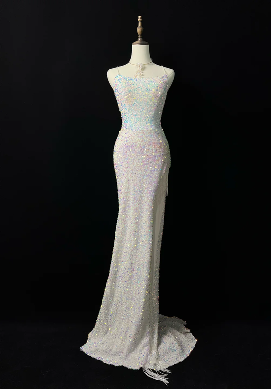 Shiny Mermaid Spaghetti Straps Sequin Slit Tassel Long Prom Dress, Party Dress, Evening Dress GG2732