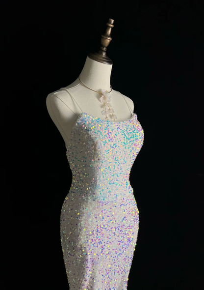 Shiny Mermaid Spaghetti Straps Sequin Slit Tassel Long Prom Dress, Party Dress, Evening Dress GG2732