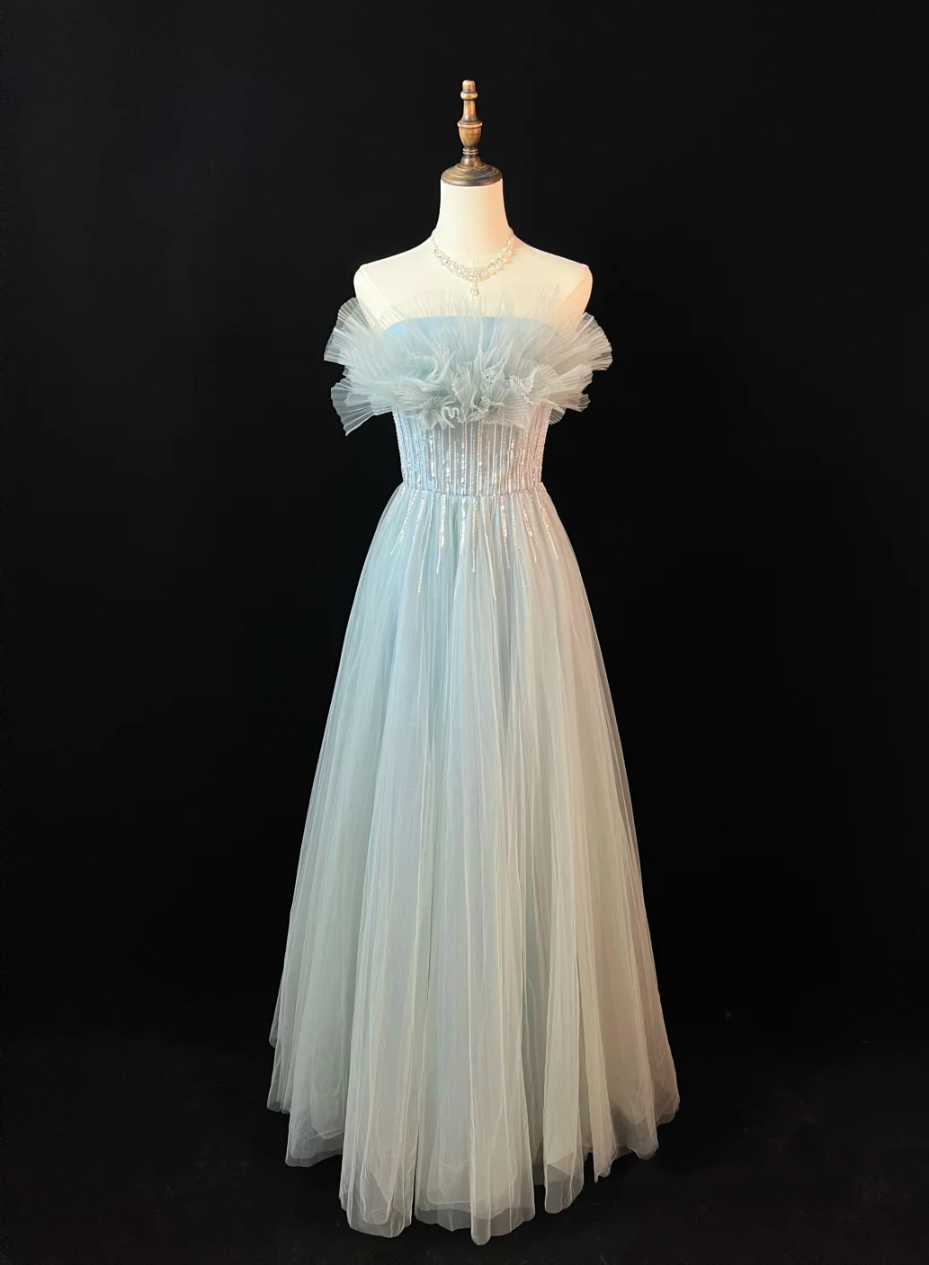 Cute A Line Strapless Satin Tulle Sequin Long Prom Dress, Party Dress, Evening Dress GG2733