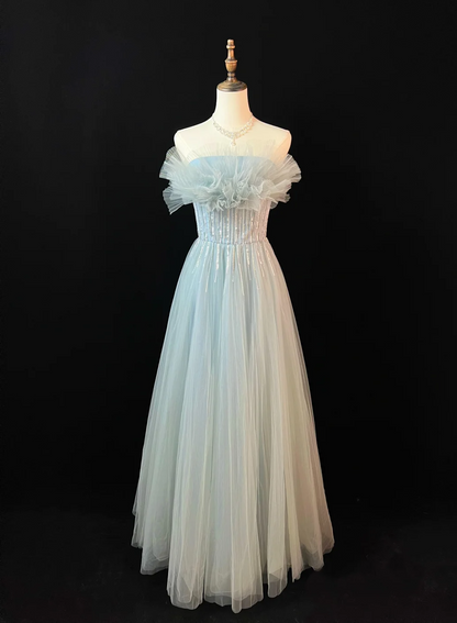 Cute A Line Strapless Satin Tulle Sequin Long Prom Dress, Party Dress, Evening Dress GG2733