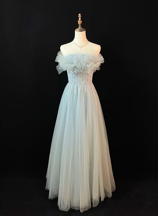 Cute A Line Strapless Satin Tulle Sequin Long Prom Dress, Party Dress, Evening Dress GG2733