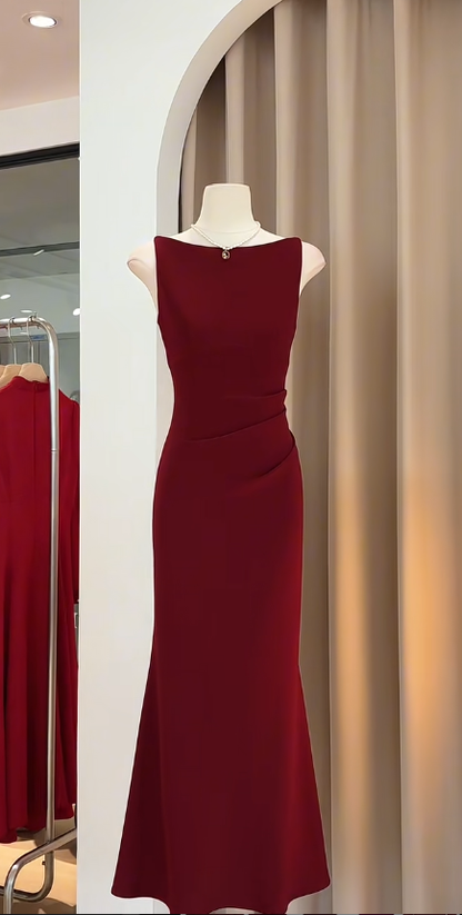 Elegant Mermaid Bateau Neck Burgundy Satin Pleated Long Prom Dress, Party Dress, Evening Dress GG2734