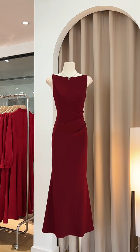 Elegant Mermaid Bateau Neck Burgundy Satin Pleated Long Prom Dress, Party Dress, Evening Dress GG2734