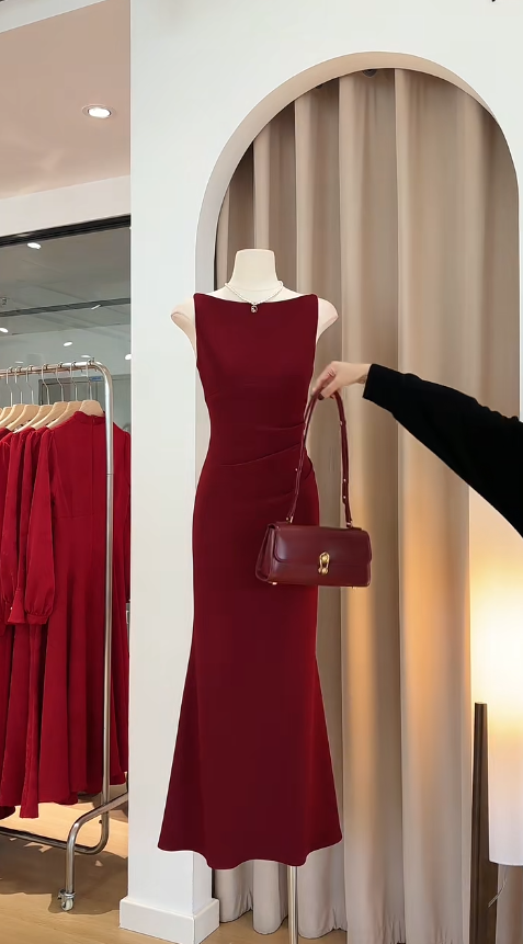 Elegant Mermaid Bateau Neck Burgundy Satin Pleated Long Prom Dress, Party Dress, Evening Dress GG2734