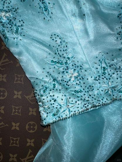 Fairy A Line Strapless Light Blue Satin Chiffon Embrodient Beaded Long Prom Dress, Party Dress, Evening Dress GG2735