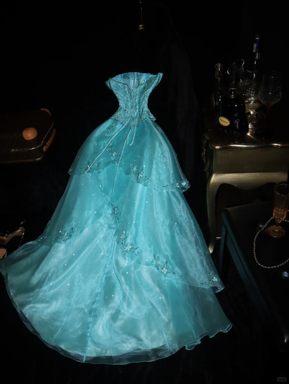 Fairy A Line Strapless Light Blue Satin Chiffon Embrodient Beaded Long Prom Dress, Party Dress, Evening Dress GG2735