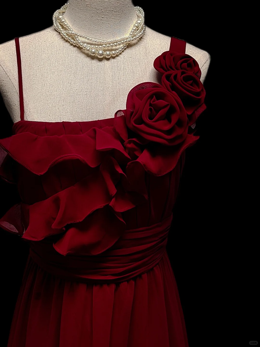 Elegant A Line Spaghetti Straps Burgundy Chiffon Flowers Long Prom Dress, Party Dress, Evening Dress GG2737