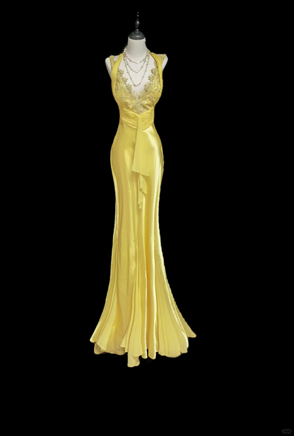 Classy Mermaid V Neck Yellow Satin Long Prom Dress, Party Dress, Evening Dress GG2739