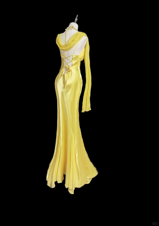 Classy Mermaid V Neck Yellow Satin Long Prom Dress, Party Dress, Evening Dress GG2739